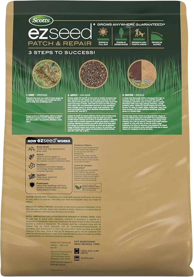Scotts EZ Seed Patch & Repair Southern Gold Blend for Tall Fescue Lawns, Mulch, Grass Seed and Fertilizer for Bare Spots and Repair, Bred for The South, 20 lbs.
