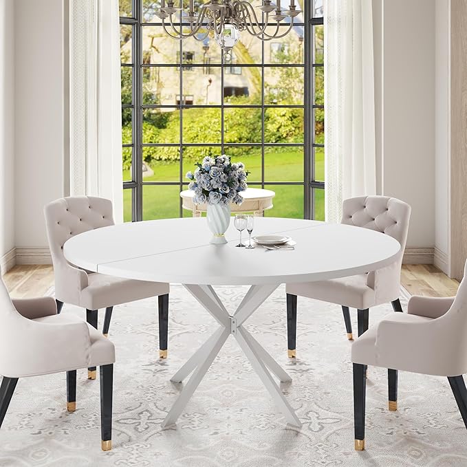 47.24" Round Dining Table, Modern Dining Room Table for 4-6 Person, Wood Round Kitchen Table with Metal Legs, Round Coffee Table for Home Dining Room Living Room (White)