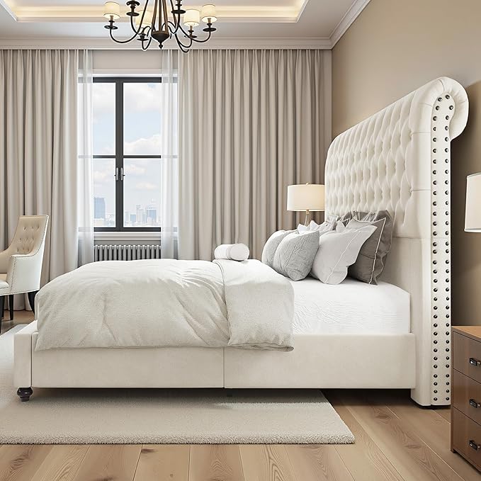 Jocisland Queen Bed Frame with Headboard, Velvet Sleigh Bed with Button Tufted 52.8" Tall Upholstered Headboard, No Box Spring Needed, Easy Assembly, Cream