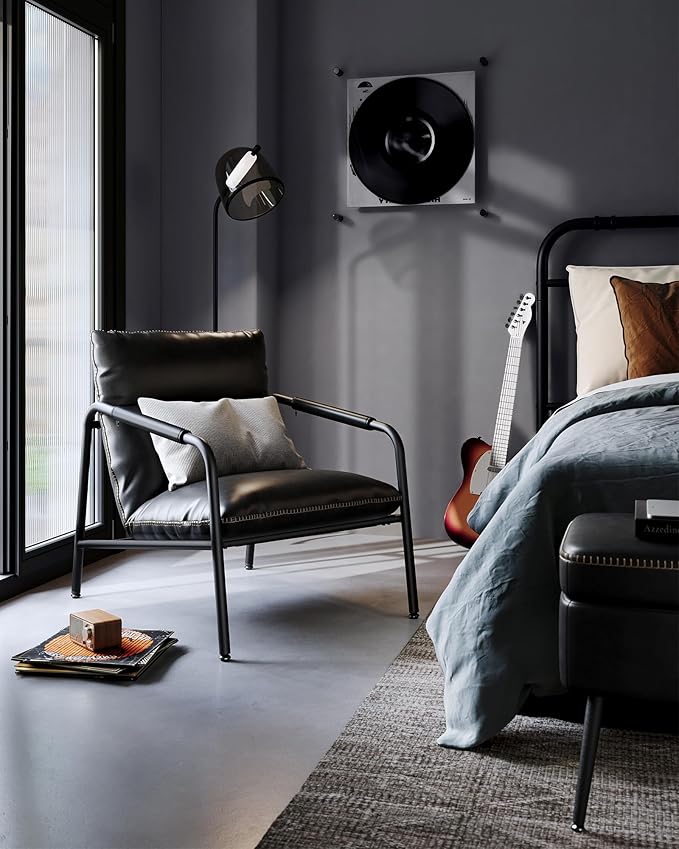 VASAGLE EKHO Collection - Accent Chair, Metal Framed Armchair, Synthetic Leather with Stitching, Mid-Century Modern, Sling Chair for Living, Bedroom, Reading Room, Lounge, Ink Black ULAC014B01