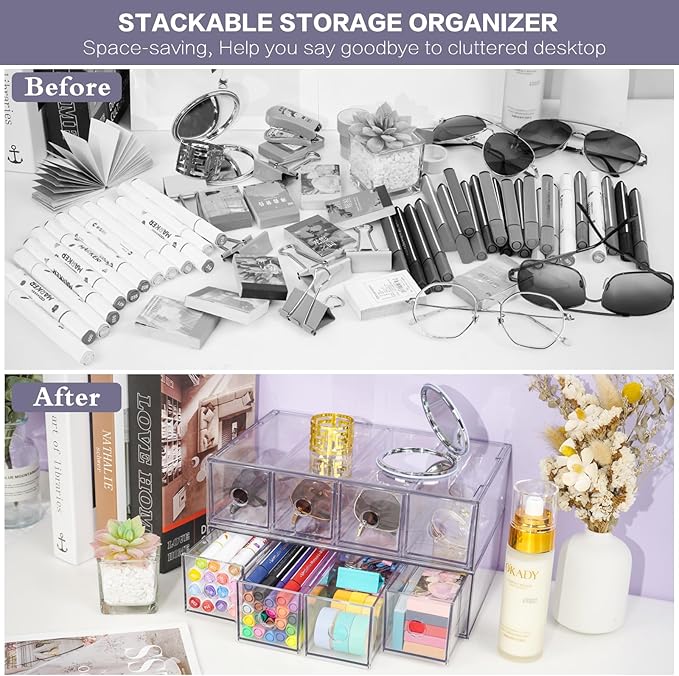 Desk Organizer with 12 Drawers, FODIENS 3 Packs Stackable Desktop Storage Box with Removable Drawer, Clear Sunglasses Organizer Display Case for Stationery Marker Pens Eyeglasses Office Supply