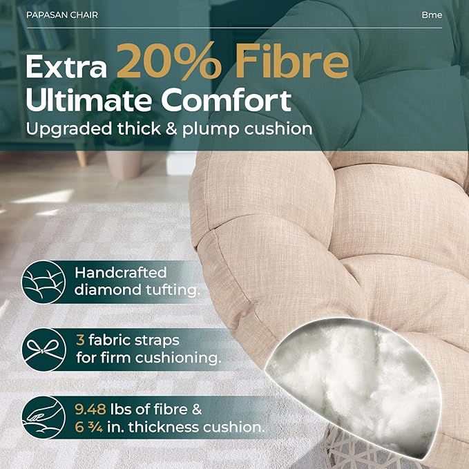Bme 40" Ergonomic Wicker Papasan Chair with Soft Thick Cushion & Frame, 360° Swivel, Circle, Reading, Comfy Chair for Living Room, Bedroom
