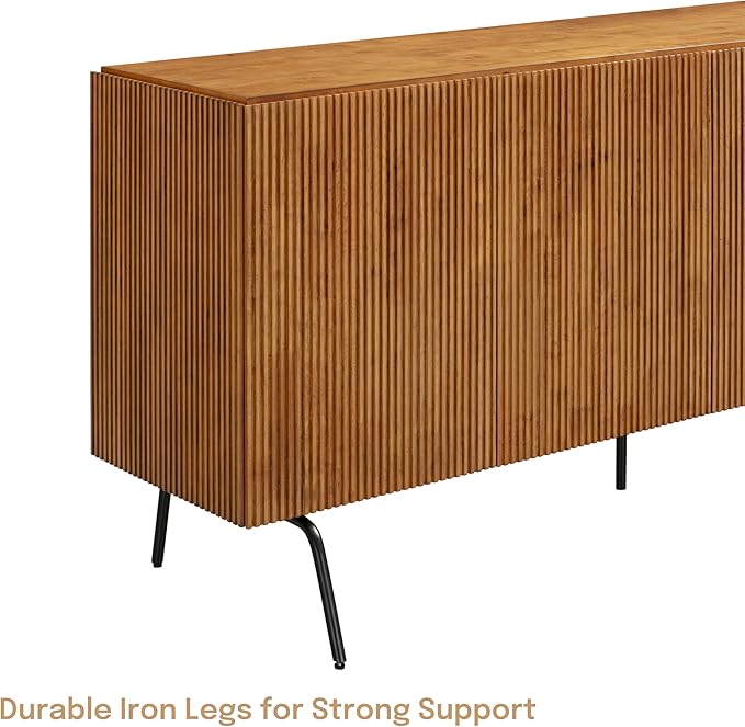 NTC Veil Modern Sideboard with 4 Doors, Buffet Cabinet with Vertical Groove Design and Metal Legs, Storage Cabinet for Living Room, and Hallway, Effortless Assembly, Teak Look
