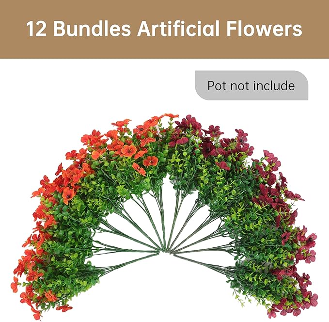 12 Bundles Artificial Flowers Plants for Outdoor Indoor Fall Home Decor, Faux Flower Daisy with Eucalyptus Leaves Plants, UV Resistant Artificial Fake Flowers for Garden Porch Patio Yard Balcony Decor