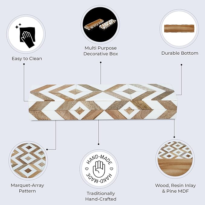 Handicrafts Home Handmade Decorative Storage Box with Lid - Jewelry Organizer, Keepsake Holder & Gift Box, Decor, Marquet Array Pattern Made with Resin Inlay & Wood,cajas organizadoras –10X2.5X1.5 In