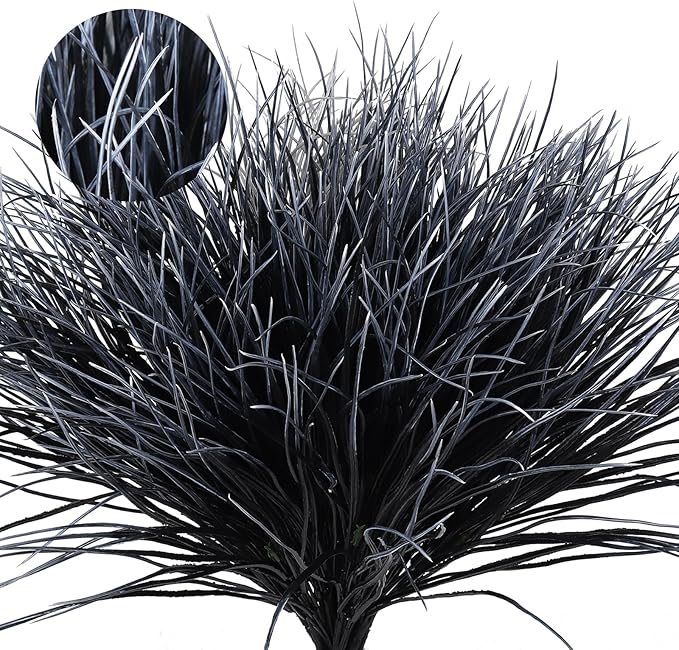Black and White Plants Halloween Faux Flowers,Artificial Onion Grass Fake UV Resistant Outdoor Shrubs Plants Flowers Greenery Stems Faux Wheat Grass for Garden Home Window Box Porch Decor(Black White)