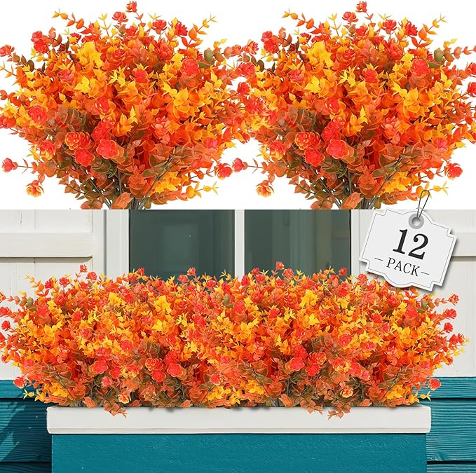 AGIRL 12 Bundles Artificial Fall Flowers Outdoor Indoor Decoration,No Fade Autumn Fake Plastic Plants with Eucalyptus Leaves,Faux Mums for Thanksgiving Garden Front Door Porch Patio Fall Decor