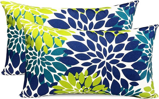 Decorative Throw Pillow Covers Set of 2 Blue Green Pillow Covers 12x20 Inch Couch Pillow Covers for Sofa Living Room Outdoor Throw Pillow Cover Linen Floral Flower Farmhouse Pillowcase