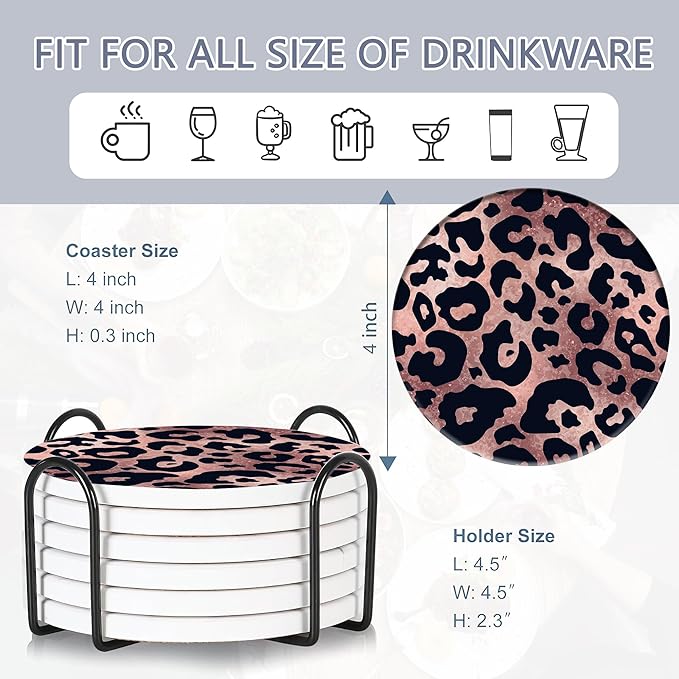 Drink Coasters Set of 6 with Holder, Leopard Print Pink Absorbent Ceramic Coasters with Cork Base,Fit All Cups,Great Gift for Housewarming,Room Decor,Bar,Holiday Party