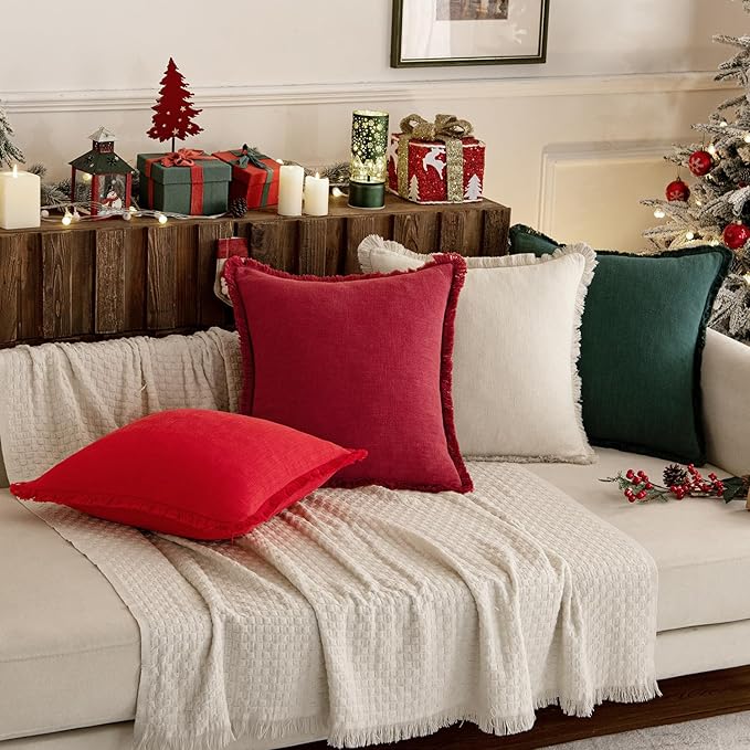 MIULEE Linen Pillow Covers 20x20 Inch Decorative Throw Pillows with Fringe Pack of 4 Soft Farmhouse Boho Couch Pillows Home Decors for Sofa Cushion Living Room Bed Dark Green and Red