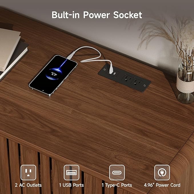 ONBRILL 63-Inch TV Stand for TVs up to 75 Inch, Mid-Century Modern Television Stand with Power Outlet, Entertainment Center with Sliding Grille Door Cabinets and Open Shelves for Living Room, Walnut