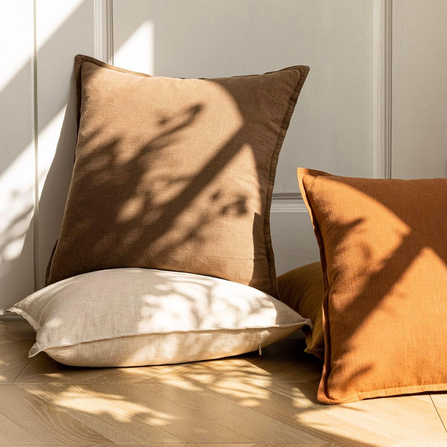 Foindtower Pack of 2, Decorative Linen Soild Throw Pillow Covers Soft Accent Cushion Case Boho Farmhouse Neutral Pillowcase for Chair Couch Sofa Bedroom Living Room Home Decor 20 x 20 Inch Light Brown