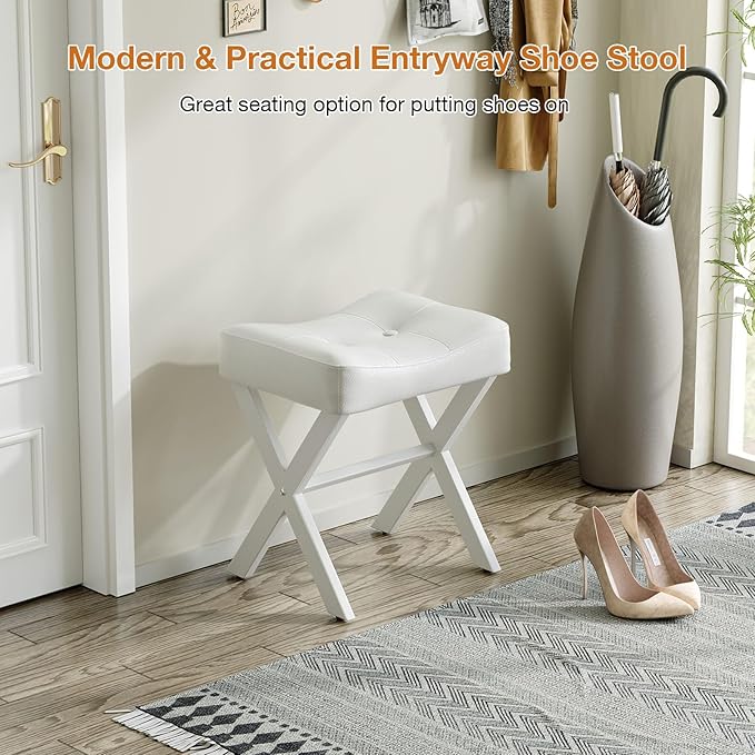 18-Inch Leather Vanity Stool Chair, Vanity Bench with Metal X-Leg, Ottoman Accent Stool with Thick Padded Saddle Seat, White