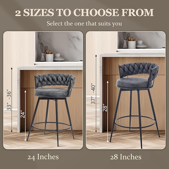 Grey Bar Stools Set of 3, 28 Inch Counter Height Bar Stool with Metal Legs, 360° Swivel Barstools with Woven Back Leather Upholstered, Modern Chair for Kitchen Island, Cafe