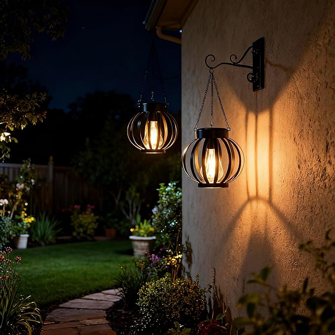 YAKii 2 Pack Solar Lanterns Outdoor Waterproof,Metal Hanging Solar-Powered Lights Outside Lanterns, Warm White LED Lights Decor for Yard Garden Pathway Patio Porch Balcony Decoration