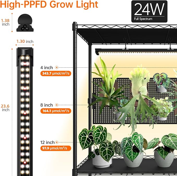 Bstrip Plant Shelf with Grow Light & Pegboard, Metal Plant Stand with Adjustable Rack and Wheels, 4 x 24W Full Spectrum Grow Light Strip for Indoor Plants, Foliage Plants, Seedling, 29.5"x13.8"x59"