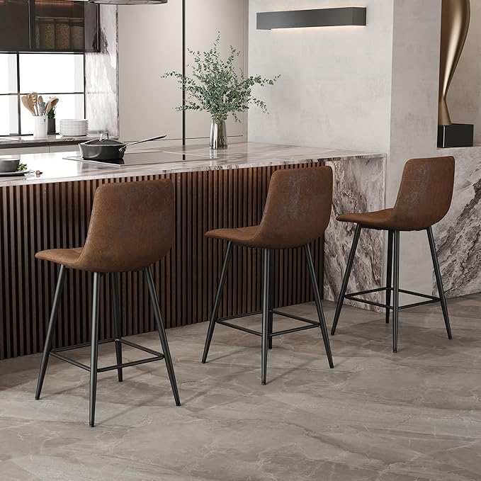 Counter Height Bar Stools Set of 2,Modern Techno-Fabric Barstools, 24.4 inch Seat Height Island Stools,Comfortable Brown Bar Chairs with Metal Legs