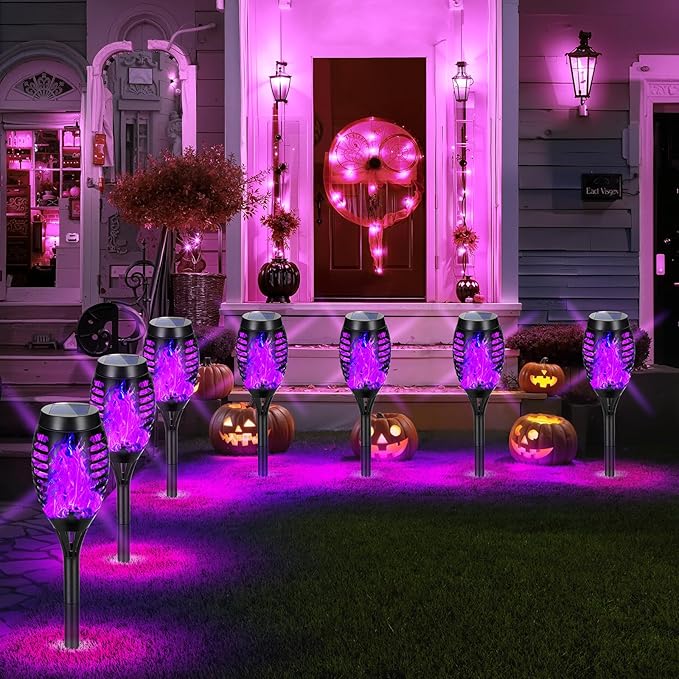 Solar Lights Outdoor Halloween Decorations, Upgraded 10 Pack Purple Solar Torch Lights with Flickering Flame, Waterproof Halloween Lights Outdoor, Tiki Torches for Outside Patio Pathway Decor