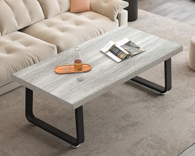 HSH Industrial Coffee Table, Modern Minimalist Center Table, Wooden Rectangle Living Room Table for Small Space, Farmhouse Wood and Metal Tea Table for Home Bedroom Office, Light Grey Oak, 47 in