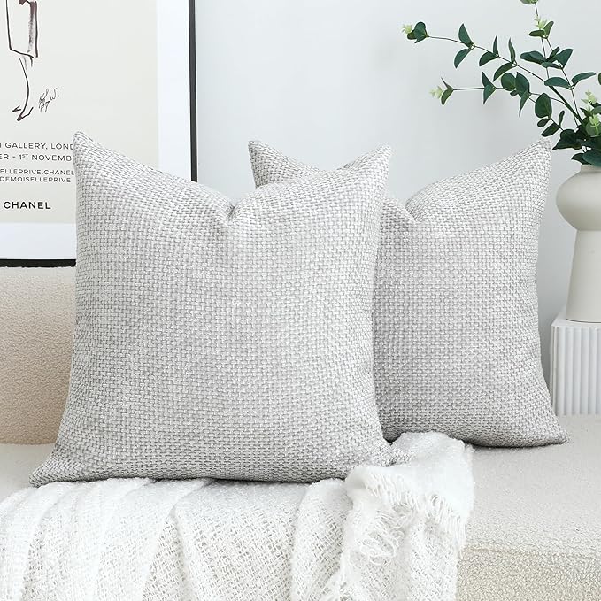 Stellhome Pack of 2 Woven Textured Decorative Throw Pillow Covers Soft Chenille Accent Luxury Cushion Cases for Living Room Couch Bed Sofa Farmhouse Boho Home, 16x16 inch, Light Grey