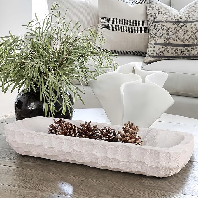 Decorative Bowl for Home Decor, Long Dough Bowl with Hand Carved Irregular Texture, Unique Table Centerpieces, Wooden Home Decor Accents for Farmhouse Boho Rustic Style(16.1"x 5.5" Washed White)