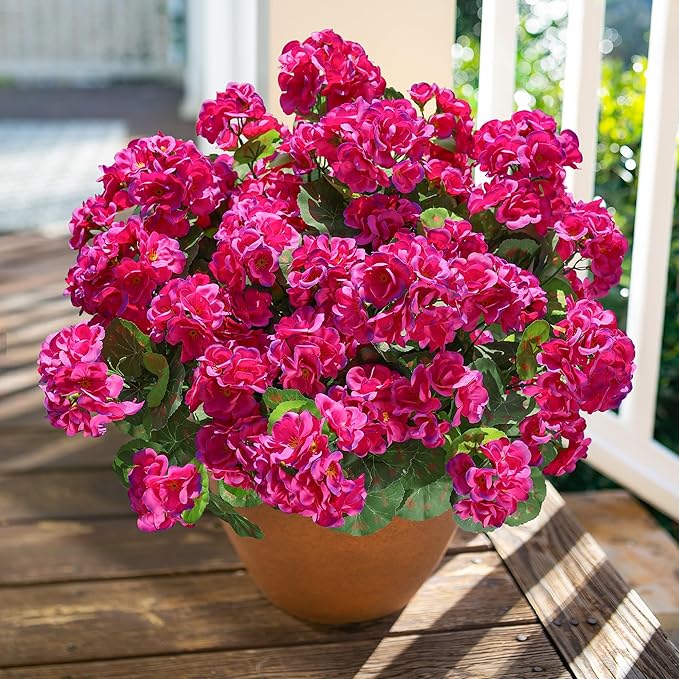 Artificial Geranium Fake Flowers for Outdoors Decoration, 6 Bundles Silk Geraniums Flower UV Resistant Look Real Faux Plants for Outside Planter Front Door Garden Patio Balcony Yard Home, Fuchsia