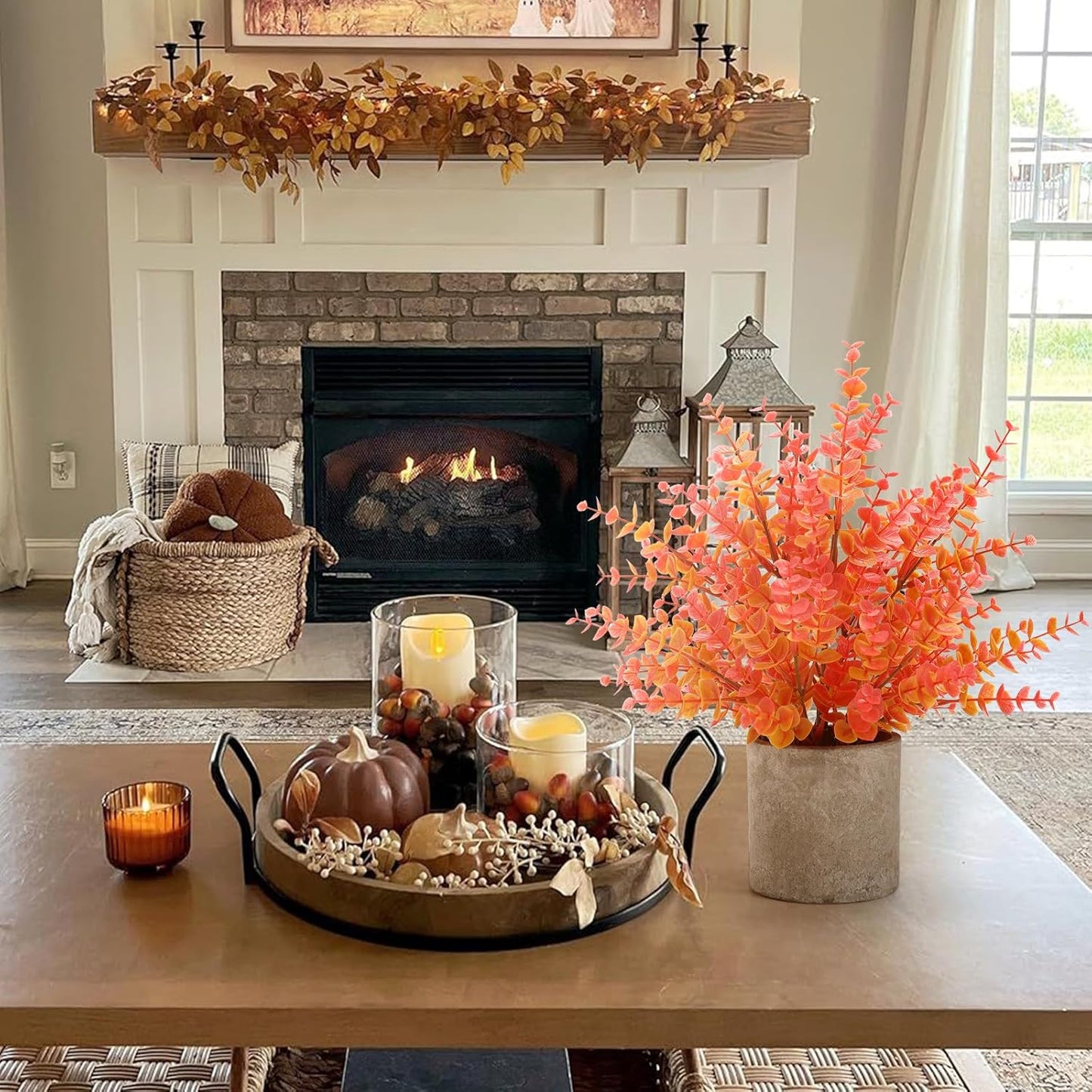 2 Pack Fall Small Fake Plants 14" Eucalyptus Potted Artificial Plants Fall Decorations for Home Shelf Office Bathroom Desk Farmhouse Room Coffee Table Decor Fall Decor (Fall Orange-Large)