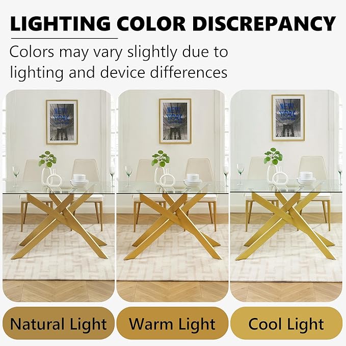 Edwin's Choice 58.5” Rectangle Glass Dining Table, Tempered Glass Table Top and Metal Tubular Legs, Modern Style Table for Home, Kitchen, Dining Room 58.5”Lx29”Wx30”H, Gold