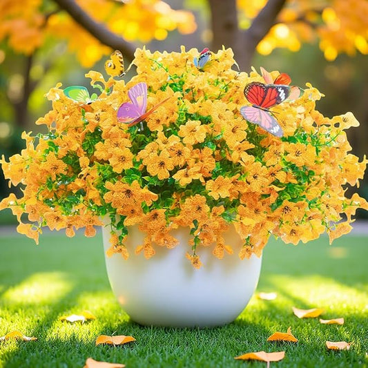 ‌20 Bundles Artificial Flowers for Outdoors‌ with 6 Faux Butterflies, UV Resistant ‌Fake Flowers‌ with Eucalyptus Leaves, ‌Artificial Plants Outdoor‌ for Patio Garden Porch Home Decor (Yellow)