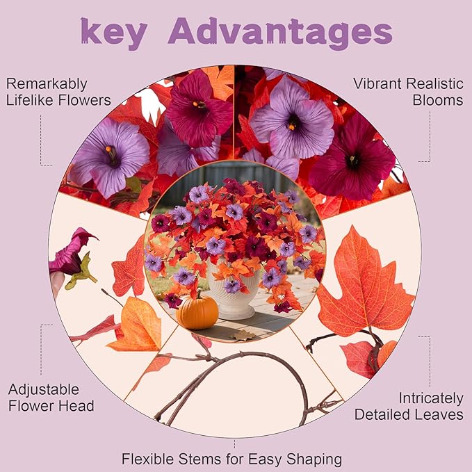 Fake Fall Flowers for Outdoors Decor 2PCS Artificial Flowers Fake Faux Silk Petunias Fall Fake Plants, UV Resistant Flower for Garden Porch Patio Balcony Realistic Autumn Decoration(Burgundy Purple)