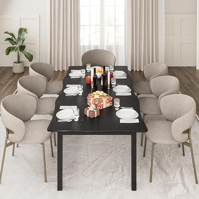 IDEALHOUSE 70.9”Dining Table with Wave Irregular Edge, 15mm Thick MDF Top & Metal Frame, for Kitchen, Quick Assembly, Wooden Kitchen Table for 6-8, Waterproof Scratch-Resistant, Modern Black