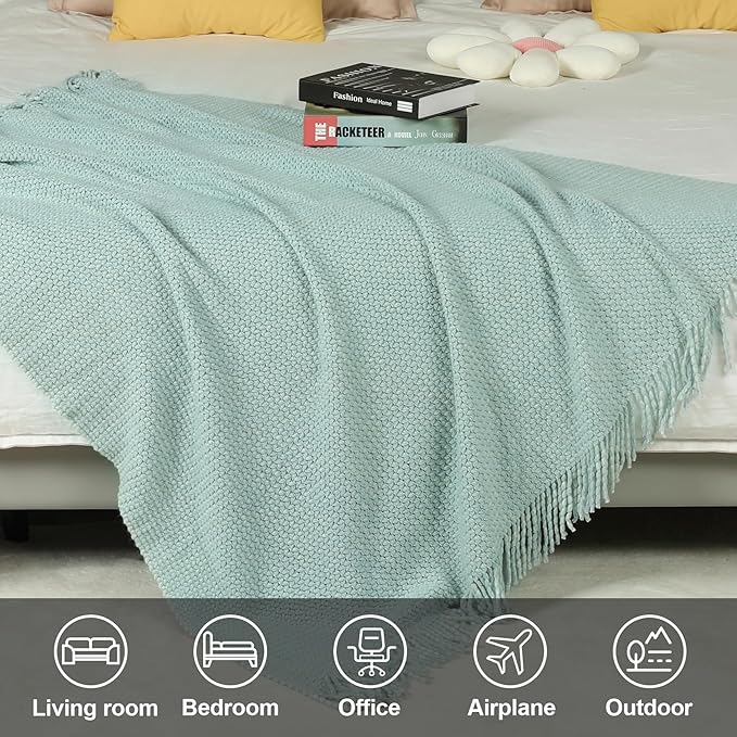 Blagic Knitted Throw Blanket for Couch, Soft Farmhouse Throw Blanket with Tassels,Home Decorative Lightweight Blankets,Spring Throws for Bed/Chair/Sofa,Wheat Textured (Light Blue&White,50" W x 60" L)