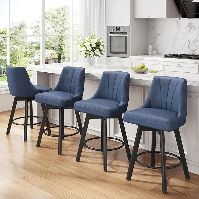 Counter Height Swivel Bar Stool, 24" Upholstered PU Leather Barstools Set of 4, Counter Stool Chair with Back & Solid Wood Legs for Kitchen Island Dining Room (Blue)