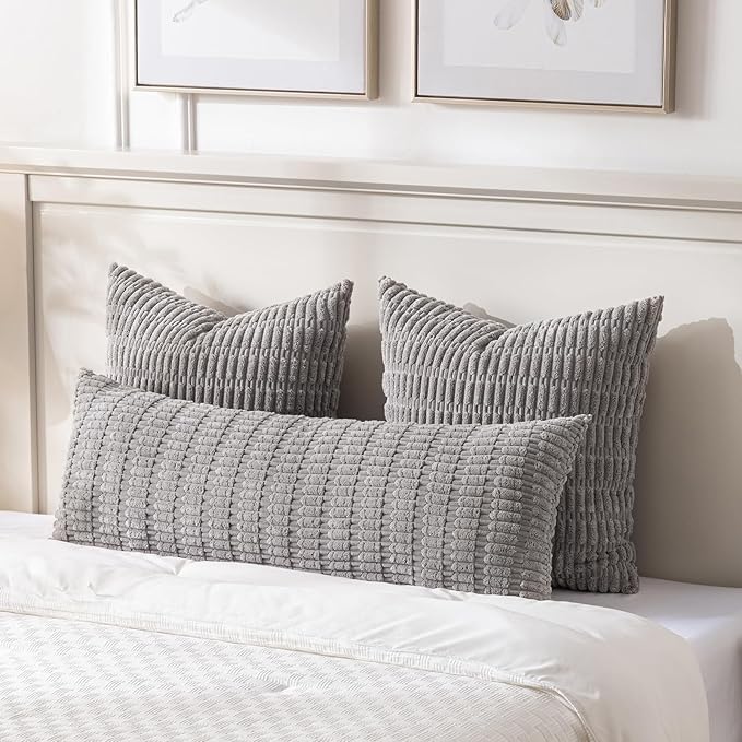 Fancy Homi 2 Packs Gray Long Lumbar Farmhouse Decorative Throw Pillow Covers 14x36 Inch for Bed Couch Bed Sofa, Rustic Boho Room Decor, Soft Striped Corduroy Rectangle Cushion Case 35x91 cm