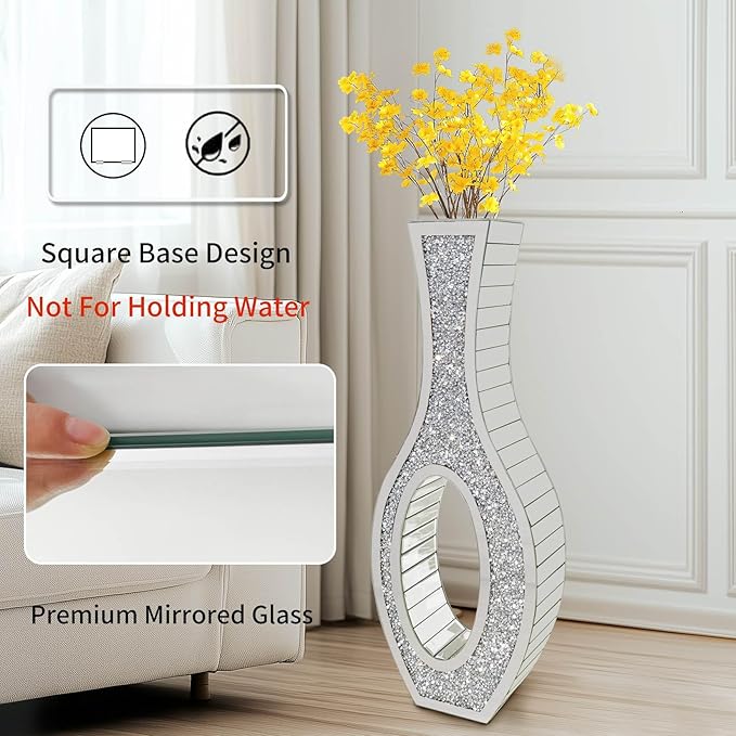 Elegant Glam Mirror Vase: Silver Glass Mirrored Vase Floor-Standing, 30.1 inches High Bling Crystal Living Room Centerpiece for Home Luxury Decor, Won't Hold Water