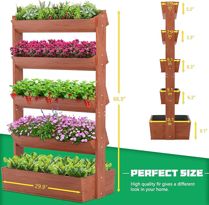 DoCred Vertical Wooden Raised Garden Bed, 5 Tier Garden Planters Freestanding Wood Plant Stand Flower Rack Wooden Planter Box for Plants Herbs Flowers Vegetables Outdoor Indoor Gardening