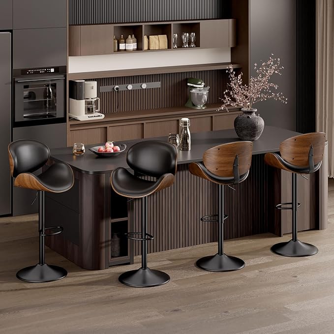 Swivel Bar Stools Set of 2, Seat Adjustable Height 23.5-32.5IN Bentwood Barstools with Back & Footrest, PU Leather Upholstered Counter Height Bar Chairs for Bar Kitchen Dining Room, Black