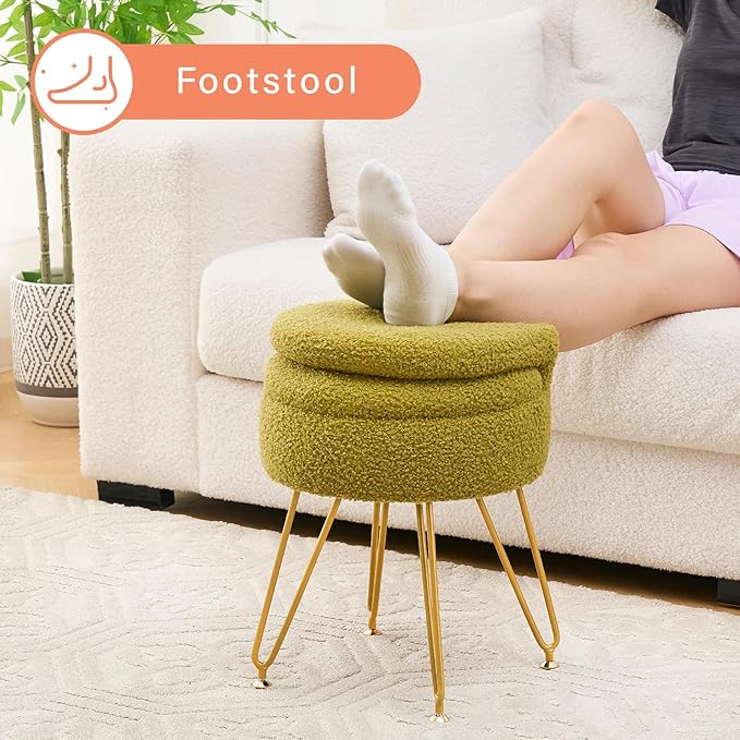 Storage Ottoman Vanity Stool Chair with Folding Back Teddy Velvet Makeup Chair Multifunctional Upholstered Footstool,4 Metal Legs with Anti-Slip Feet for Bedroom Living Room Entryway