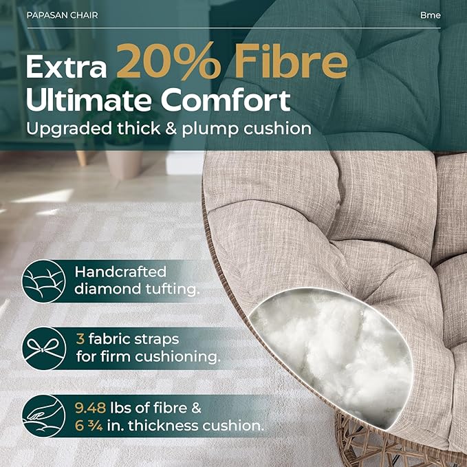 Bme 40" Ergonomic Wicker Papasan Chair with Soft Thick Cushion & Frame, 360° Swivel, Circle, Reading, Comfy Chair for Living Room, Bedroom