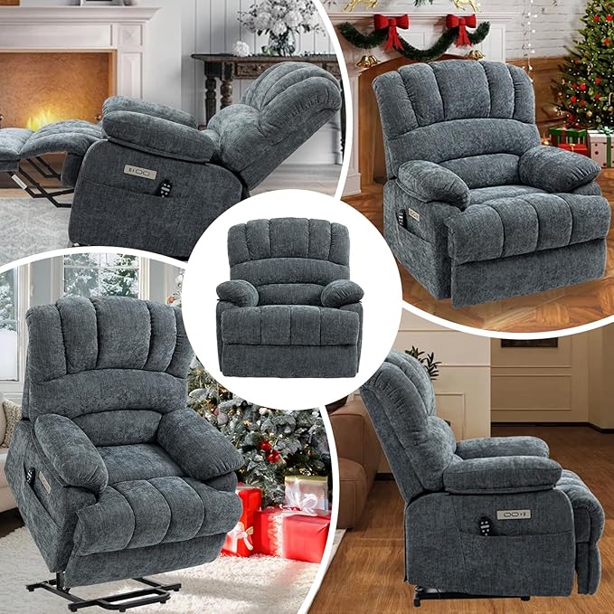 Power Lift Chair with Massage Lumbar Heating, Large Recliner Chair for Adult, 23" Wide Seat Big and Tall Recliner Sofa with Remote Control, Standing Assistance, Cup Holders, Blue Grey