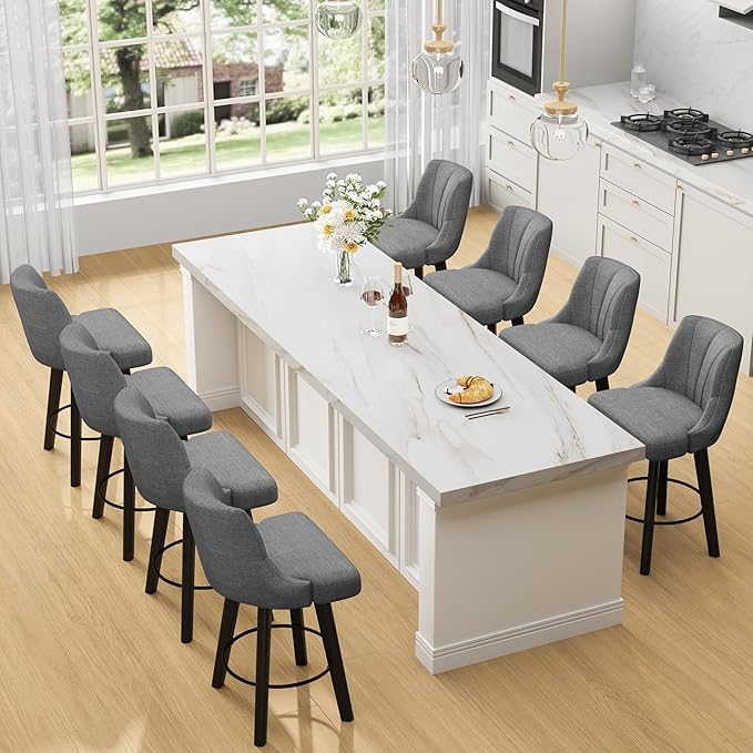 Counter Height Swivel Bar Stool, 24" Upholstered Fabric Barstools Set of 8, Counter Stool Chair with Back & Solid Wood Legs for Kitchen Island Dining Room (Dark Gray)