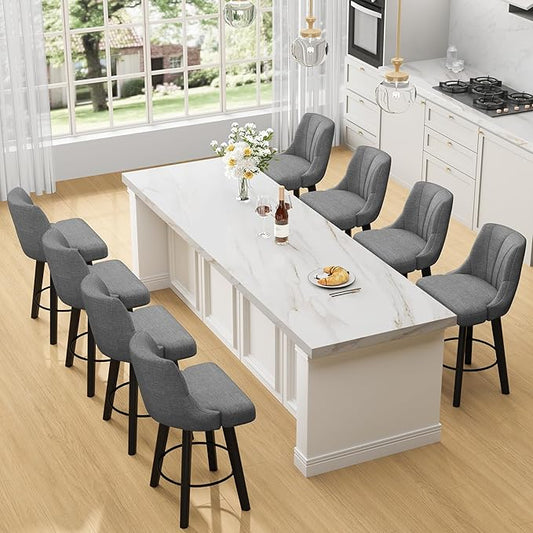 Counter Height Swivel Bar Stool, 24" Upholstered Fabric Barstools Set of 8, Counter Stool Chair with Back & Solid Wood Legs for Kitchen Island Dining Room (Dark Gray)