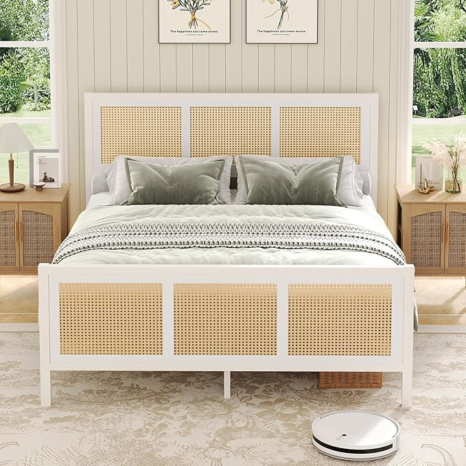 Boho Bed Frame Full, Rattan Full Bed Frames with Headboard, Metal Platform Bed Frame Full Size with Strong Slats Support, No Box Spring Needed, Noise Free, Easy Assembly, White