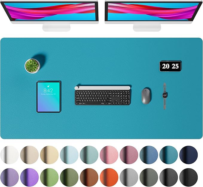 Aothia Faux Leather Desk Mat – Large Mouse Pad, Non-Slip PU Leather Blotter, Waterproof Writing Surface for Office and Home (Turquoise, 47.2" x 23.6")