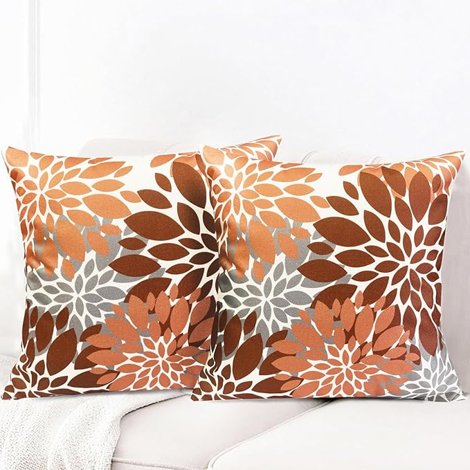 Decorative Throw Pillow Covers Set of 2 Brown Coffee Pillow Covers 22x22 Inch Couch Pillow Covers for Sofa Living Room Outdoor Throw Pillow Cover Linen Floral Flower Farmhouse Pillowcase