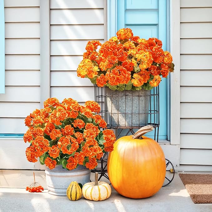 Fake Geraniums Artificial Flowers for Outdoors Fall Autumn Decoration, 6 Bundles Silk Geraniums UV Resistant Look Real Orange Faux Flowers Plants for Front Door Garden Planter Patio Balcony Yard Home