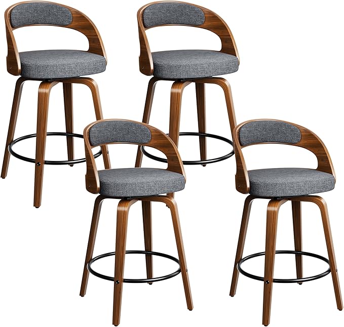 Swivel Bar Stools Set of 4, 26" Upholstered Linen Fabric Barstools with Bentwood Legs, Mid Century Modern Counter Height Bar Stools with Back for Kitchen Island, Dining Room, Grey