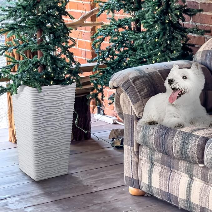 Worth Garden 22" Tall Planters Set of 2 - Plastic White Square Plant Pots - Modern Big Tapered Matte Wavy Tree Flower Pot for Indoor Outdoor Porch Deck