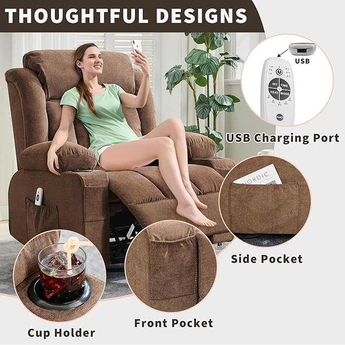 GarveeHome 360° Swivel Rocker Recliner Chair with Heat Massage, Widen Overstuffed Single Sofa Lounge Chair with 3 Positions 2 Side Pockets Cup Holders USB Ports Remote Control Brown