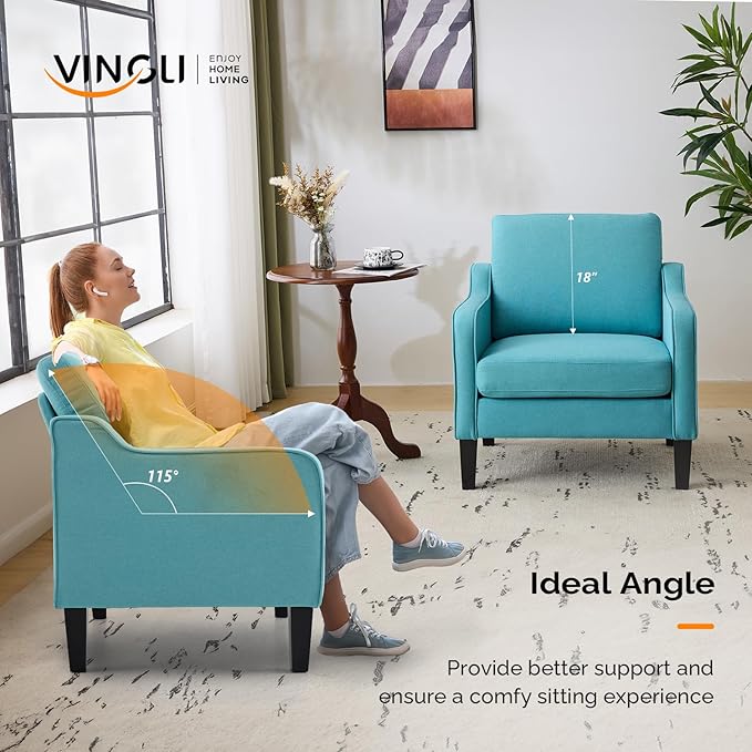 VINGLI Accent Chairs Set of 2 Living Room Chairs Teal Blue Reading Chair for Bedroom Scooped Arm Chair Mid Century Modern Accent Chairs Upholstered Comfy Chair for Apartment, Waiting Room